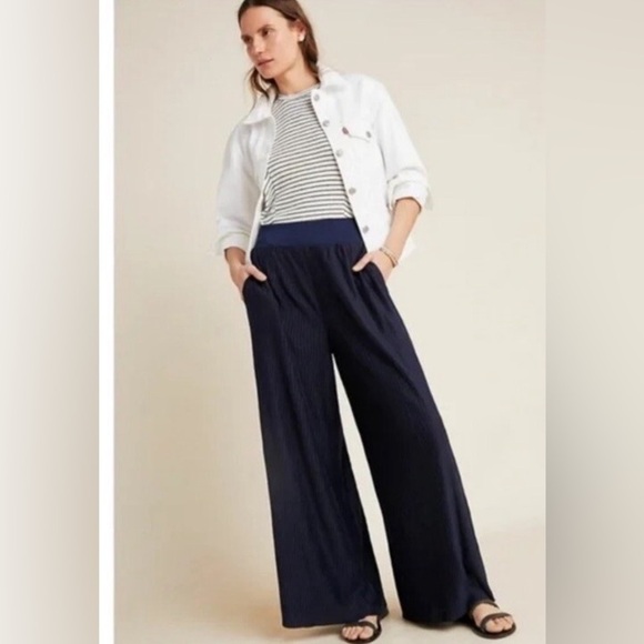 Anthropologie Pants - Anthropologie Delano Wide Leg Pants Navy Ribbed Textured Sz L